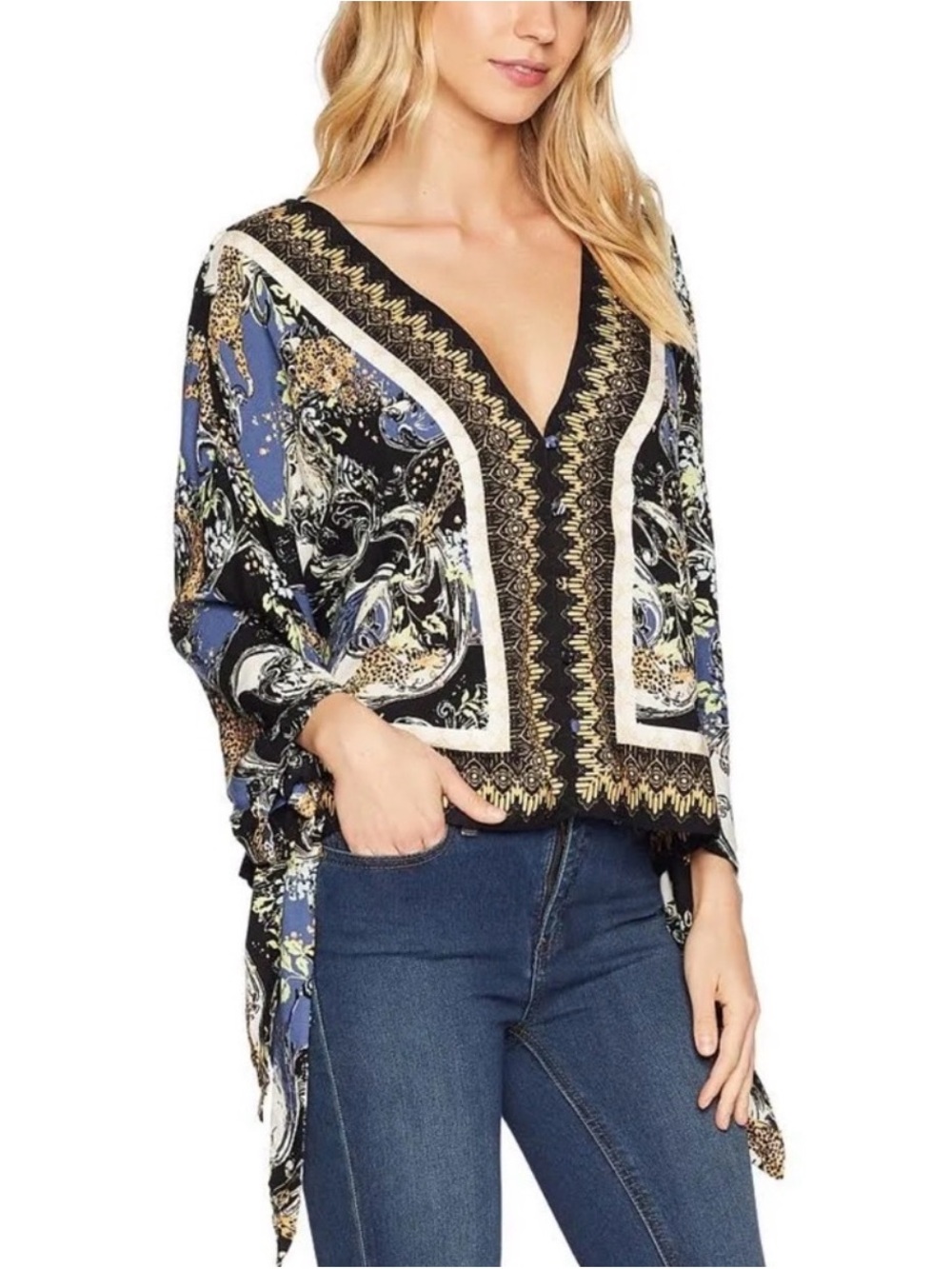 Free People V-Neck Printed Boho Blouse in Black, Blue & Cream (buttons in front)